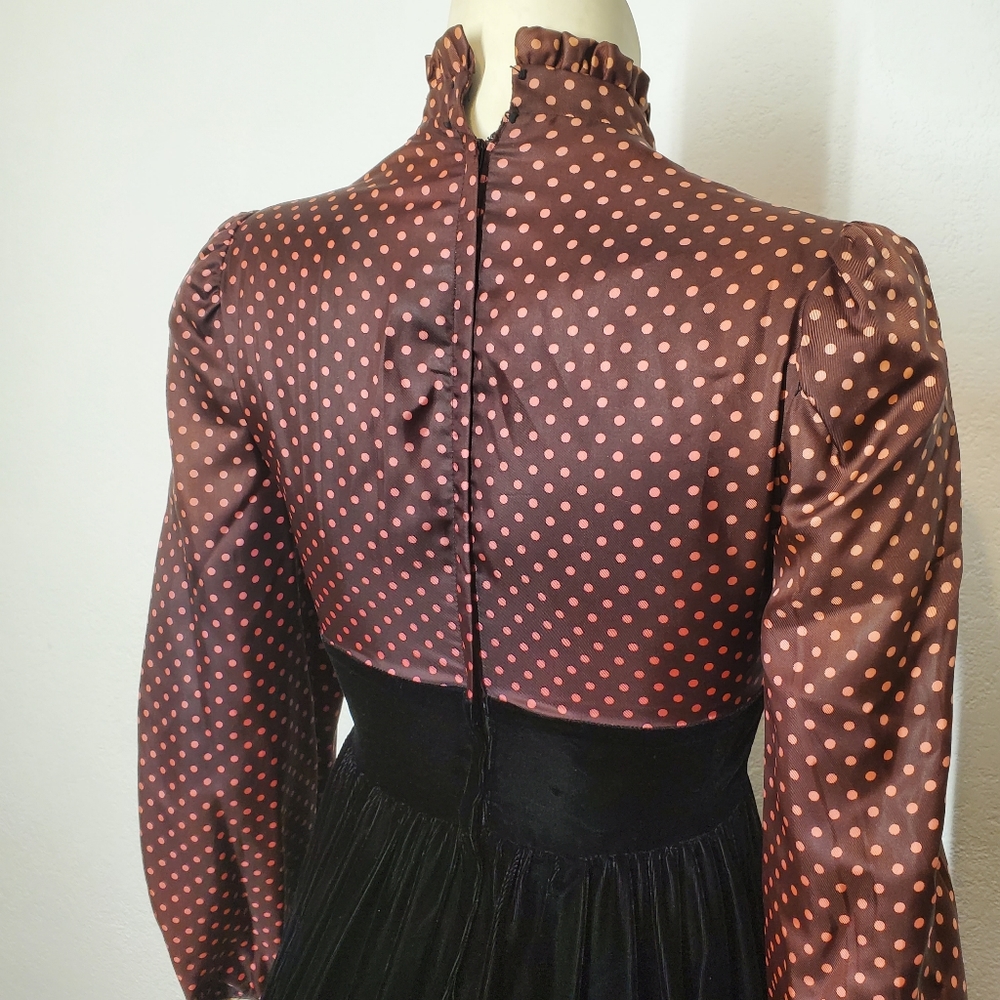 Vintage 70s Vicky Victorian Velvet Dot Dress - Picture 4 of 11